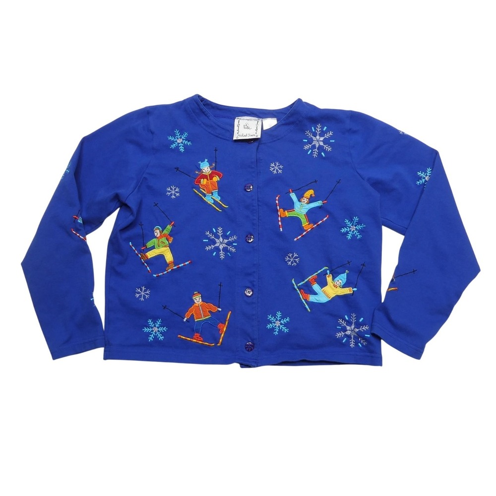 Michael Simon Sweater Womens Small Blue Ski Cardigan Cotton Holiday Embroidered